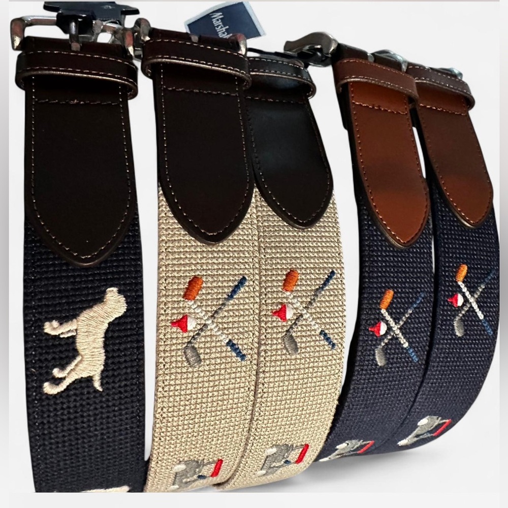 Original Penguin Needlepoint Embroidered Golf Belt-Navy 38” Tan 34”